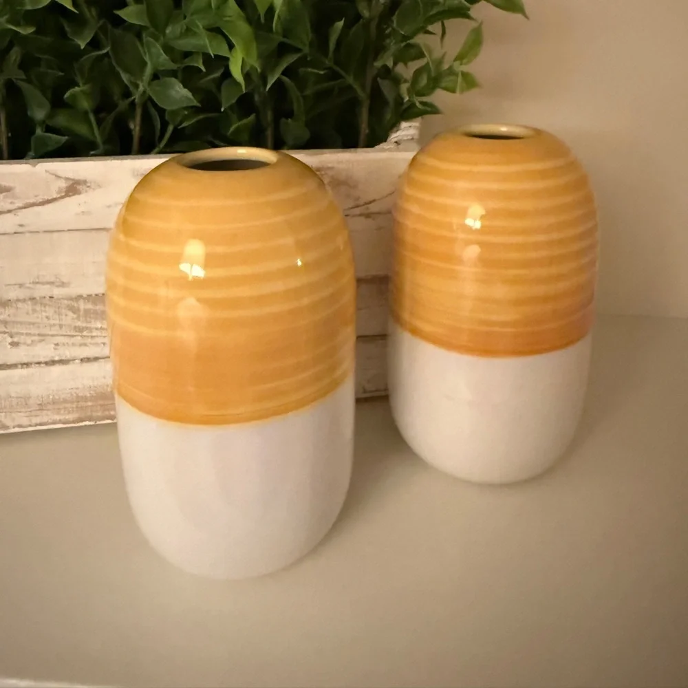 IKEA Knaprig Stoneware Beehive Cylinder Vases in Yellow and White Vintage